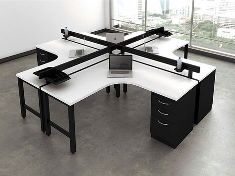 A custom design by Joyce Contract, this  5'x 5' 4 person desking unit provides a customizable tool rail and pedestal storage unit. for optimized efficiency. http://joycecontract.com/office_tables_desks/desking_benching.html 5 Person Office Layout, 4 Person Office Layout, Japanese Office Design, Minimal Office Design, Minimalist Office Design, Chiropractic Office Design, Work Office Design, Cubicle Design, Office Cubicles