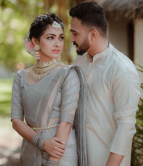 Engagement Looks For Indian Bride, Engagement Couple Dress, Engagement Looks, Engagement Look, Grey Wedding Dress, Kerala Bride, Bridal Sarees South Indian, Indian Couple, Couple Wedding Dress