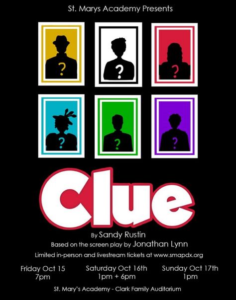 Clue Play, Clue Board Game, Clue Games, Play Poster, Homecoming Week, Theatre Gifts, Theater Performance, Club Poster, Mystery Party