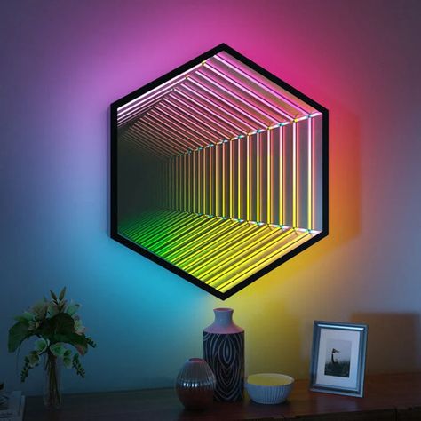 Infinity Hexamirror LED Wall Lamp Geometric RGB Colour - Etsy Infinite Mirror, Lighting Pattern, 3d Mirror, Infinity Mirror, Decorative Wall Sconces, Metal Lamp Shade, Unique Mirrors, Stylish Wall Art, Color Changing Lights