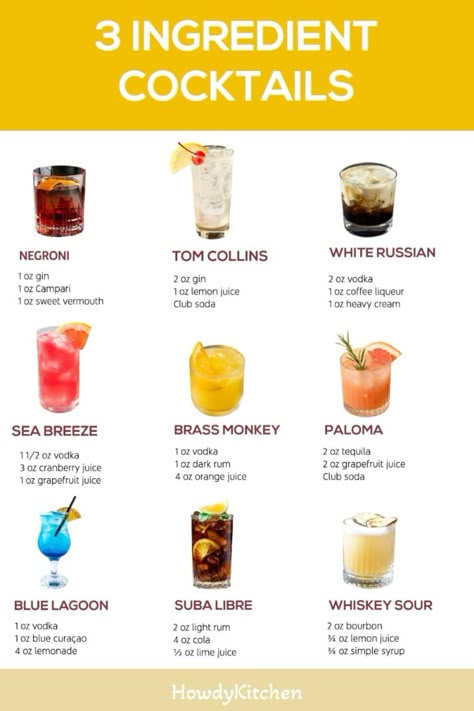 #cocktails #drinks 2 Ingredients Cocktails, Easy 3 Ingredient Alcohol Drinks, Easy Tasty Cocktails, List Of Cocktails, Making Cocktails At Home, Few Ingredient Cocktails, 3 Ingredient Alcoholic Drinks, Simple Wedding Cocktails, 3 Ingredient Cocktails Recipes