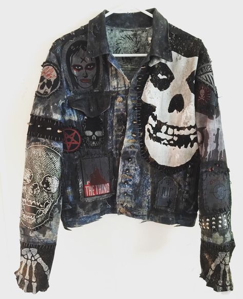 Dirty Denim Jacket from Chad Cherry Clothing. Punk/Horror/Rock Fashion. Horror Punk Fashion, Cherry Clothing, Grunge Denim Jacket, Punk Denim Jacket, Grunge Diy, Punk Jeans, Punk Jacket, Clothes Grunge, Paperbag Hose