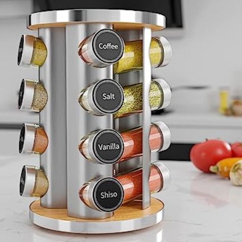 New England Stories Revolving Spice Rack Set with 16 Spice Jars, Kitchen Spice Tower Organizer for Countertop or Cabinet - Carousel Storage Includes 386 Spice Labels Revolving Spice Rack, Countertop Spice Rack, Rotating Spice Rack, Seasoning Rack, Spice Rack Organiser, Space Saving Kitchen, Spice Labels, Steel Racks, Clear Glass Jars