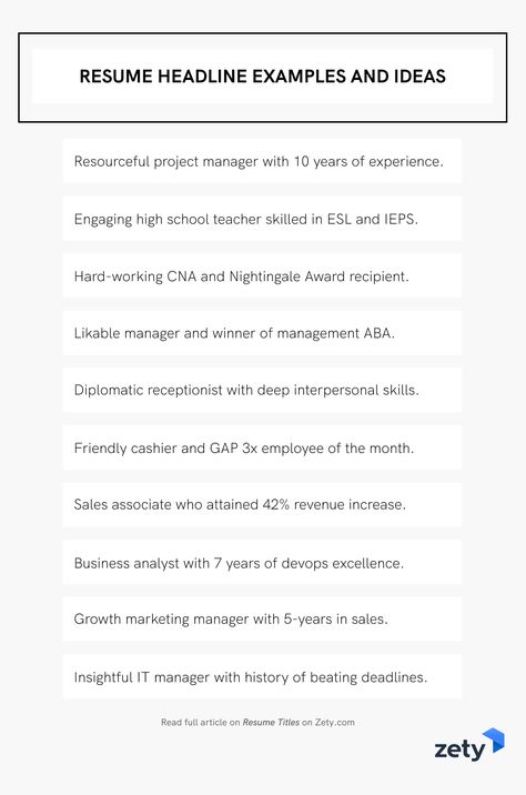 30 Resume Title Examples (a Good Headline for Any Resume) #zety #resumetemplate #coverletter #resumedesign #resumeexamples #resumetips #resumeexamplesforjobs #resume #resumelayout #resumewriting #resumeformat #perfectresume #bestresume Resume Title Examples, Resume Tips Cheat Sheets, Resume Headline Examples, Coverletter Resume, Cv Help, Job Hacks, Job Coaching, Write A Resume, Resume Ideas