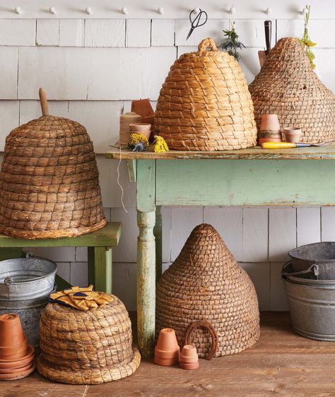 Vintage bee-keeping collectibles are a honey of a find — Country Living Bee Basket, Bee Skeps, Bee Skep, Basket Case, Country Living Magazine, Vintage Bee, Wheat Straw, Bees Knees, The Bee