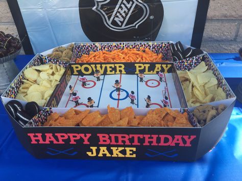 Hockey snack stadium for Jake's 10th bday Hockey Watch Party, Hockey Themed Charcuterie Board, Hockey Party Snacks, Nhl Party Ideas, Road Hockey Birthday Party, Hockey Themed Birthday Party Food, Hockey Decorations Party, Hockey Charcuterie Board, Ice Hockey Birthday Party Ideas