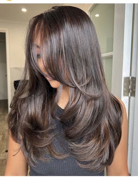 Different Styles Of Layered Hair, Medium Long Haircut With Layers Waves, Blowouts On Medium Hair, Rounded Long Layers With Face Framing Pieces, Haïr Cut Thick Medium Hair, Butterfly Haircut Dark Brown Hair, Mid Length With Long Layers, Layered Hair Extensions Before And After, Layers And Angles Medium Hair