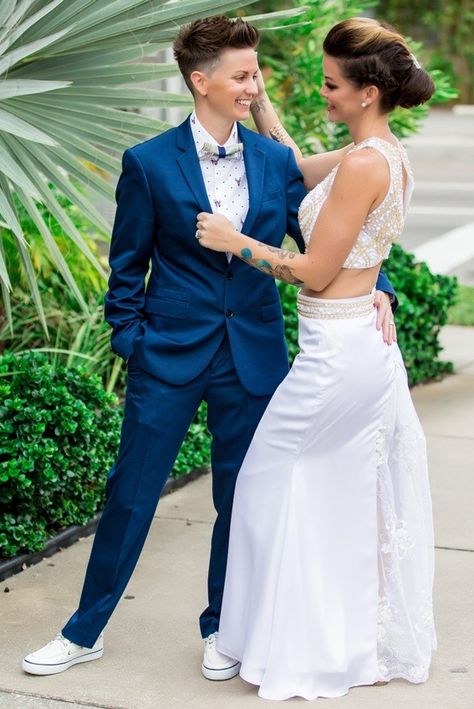 Matching Wedding Dress And Suit, Wedding Tuxes For Women, Lesbian Fall Wedding Outfits, Gender Fluid Wedding Attire, Masculine Lesbian Style Wedding, Masc Lesbian Wedding Suit, Masc Lesbian Wedding, Lesbian Wedding Guest Outfit, Masc Lesbian Wedding Outfit