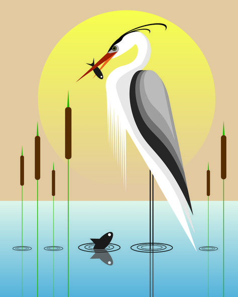 This newly created abstract heron art was designed in a graphics software program. The heron is standing in the water with a fish that it caught with a beautiful sunset in the background. The perfect gift for the bird lover! Download and print at an affordable price! Wetlands Illustration, Abstract Bird Art, Crane Illustration, Heron Illustration, Acrylic Birds, Animal Design Illustration, Art Deco Bird, Heron Art, Geometric Shapes Art