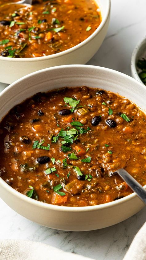 This black bean and lentil soup is packed with nourishing ingredients and is a must-make on cold days! It is perfect for loading up on nutritious vegetables, fiber, and protein. Plus, it's super flavorful and very easy to make. Lentils And Black Beans, Black Bean And Lentil Chili, Vegetable Soup Beans, Black Bean Mediterranean Recipes, Basic Lentil Soup, Only Veggie Meals, Dinner Ideas Lentils, Best Legumes To Eat, High Iron Bean Soup