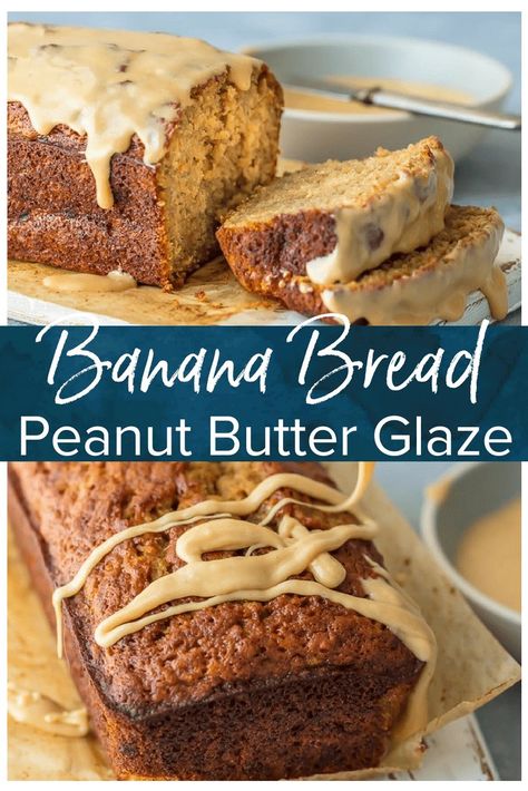 This EASY BANANA BREAD RECIPE with Peanut Butter Glaze is just perfect. It's soft, moist, and the peanut butter banana combo is delicious. Icing For Banana Bread, Banana Bread Glaze, Banana Bread With Peanut Butter, Peanut Butter Banana Recipes, Recipe With Peanut Butter, Peanut Butter Glaze, Peanut Butter Icing, Peanut Butter Banana Bread, Peanut Butter Bread