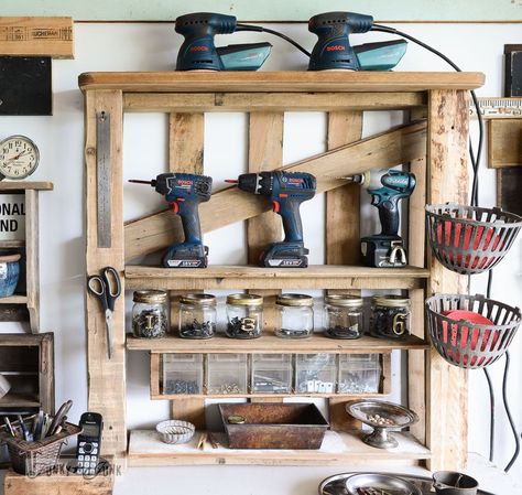 Learn how to organize your tools on an enhanced pallet shelf made for free! Includes cubbies to store screws, nails, sandpaper, etc! #tools #toolstorage #organize #funkyjunkinteriors Garage Layout, Pallet Tool, Pallet Storage, Overhead Garage, Garage Tool Storage, Garage Organize, Funky Junk Interiors, Diy Garage Storage, Pallet Decor