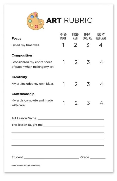 Elementary Art Rubric · Art Projects for Kids Art Rubric, Rubric Template, Rubrics For Projects, Art Classroom Management, Classe D'art, Art Critique, Art Teacher Resources, Art Handouts, Middle School Art Projects