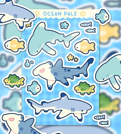 You can now pre-order the ocean pals sticker sheet! The sticker sheet will be discounted for people who pre-order 💙🦈🐟 The gingham shark sticker is also available now! I’ve had so much fun designing these sharkies and fish friends! I’m very excited for this launch and hope you are just as excited as I am! Treat yourself and secure yours today 🍀🫶 🌷 Link to my shop in bio 🌷 #whimsical #aesthetic #childhood #cozyart #sketch #doodle #animalart #simple #texture #littleguys #nostalgia #happyvib... Cute Sticker Art, Sea Design Graphic, Cute Stickers Sheet, Sharks Doodle, Fun Stickers Design, Sticker Sheet Design, Cute Simple Stickers, Homemade Sticker Ideas, Sticker Ideas Cute