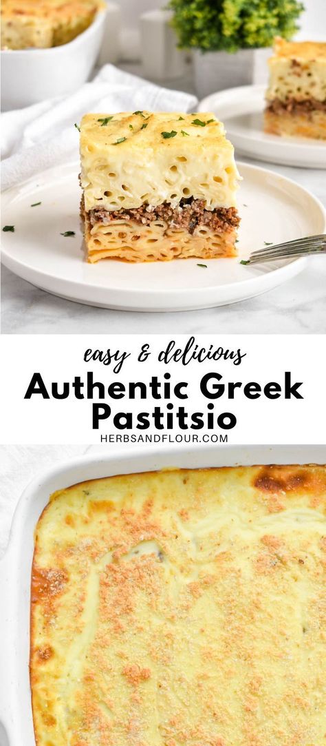 Greek Pastitsio or Pastichio is Greek comfort food at its best! This Greek layered casserole dish is compromised of luscious layers- pasta layers, an aromatic meat sauce layer, and a lusciously creamy and thick bechamel sauce. Authentic Greek Pastitsio Recipe, Greek Pastitsio Authentic, Greek Pasta Dishes, Pastitsio Recipe Easy, Greek Pastitsio Recipe, Pasticio Recipe Greek Pasta, Greek Lasagna Pastitsio, Pastitsio Recipe Authentic, Greek Comfort Food