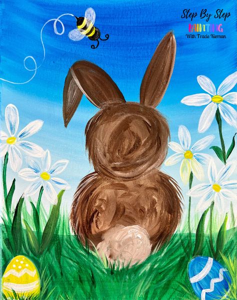 Chocolate Bunny Acrylic Painting Tutorial - Step By Step Painting With Tracie Kiernan Easy Bunny Paintings For Beginners, Easy Spring Painting Ideas, Easter Paintings For Kids, Easter Drawings Easy Step By Step, Easy Spring Paintings For Beginners, How To Paint A Bunny, Painting Ideas On Canvas Spring, Easter Painting Ideas On Canvas, Easter Painting For Kids