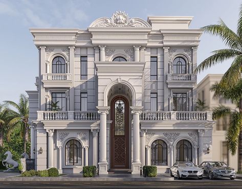 Neo Classic Building, Neo Classical Elevation, Neo Classic Exterior Design, Neo Classic Villa Exterior, Neo Classic Villa, Classic Villa Exterior, New Classic Villa, Luxury Exterior Design, Villa Classic