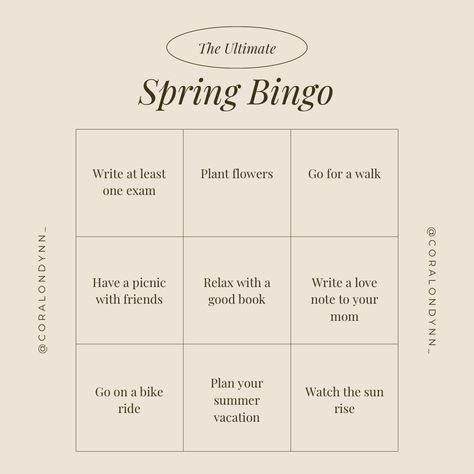 what to do in spring, spring bucket list, selfcare ideas - @coralondynn_ on Instagram Selfcare Bucket List, Bucket List Bingo, Spring To Do, Spring Bucket List Aesthetic, What To Do In Spring, Spring Movies, Spring List, March Aesthetic, Spring Movie