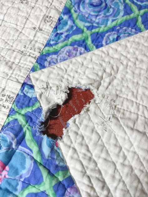 When the dog eats the quilt, visible mending for the win! Visible Mending Stitches, Dog Eats, Cake Blog, The Fix, Bed Quilt, Visible Mending, White Patches, Dog Eating, Quilting Tips