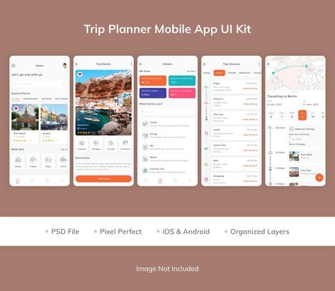 PSD trip planner mobile app ui kit | Premium Psd #Freepik #psd #figma #travel-app #ui-kit #travel-booking Trip Planner App, Android Organization, App Inspiration, Travel Booking, Planning App, Trip Planner, App Template, Mobile App Ui, Travel App