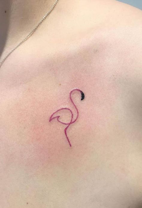 Simple abstract flamingo chest tattoo by @mat.tattoo.studio Random Fun Tattoos, Small Pink Tattoo Ideas, Flamingo Wrist Tattoo, Single Line Flamingo Tattoo, Pink Flamingo Art, Tiny Flamingo Tattoos For Women, Flamingo Tiny Tattoo, Flamingo Finger Tattoo, Flamingo Minimalist Tattoo