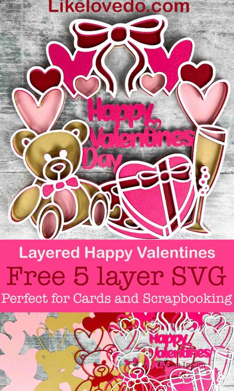 Beautiful card made wreath for valentines with a teddy, bubbly, hearts and chocolates Romantic Decorations, Svg Wreath, Cricut Valentines, Whimsical Crafts, Cricut Patterns, Circuit Maker, Valentine Svg Files, Cameo Crafts, Valentine Craft