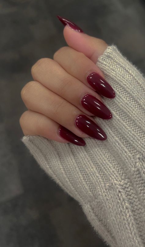 so scarlet it was maroon Long Almond Burgundy Nails, Selena Quintanilla Red Nails, Dark Maroon Nails Burgundy, Cute Maroon Nails, Marron Nails Acrylic, Light Maroon Nails, Marron Nail Ideas, Dark Red Nails With Gems, Maroon Acrylics