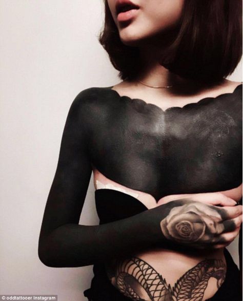 Darkness be my friend: 'Blackout' tattoos, where large areas of skin are tattooed solid black, are becoming more popular for those committed to ink Singapore Tattoo, Solid Black Tattoo, Blackout Tattoo, Tattoo Trend, B Tattoo, Tattoo Cover, Black Tattoo, Tattoo Flash Art, Cover Up Tattoos