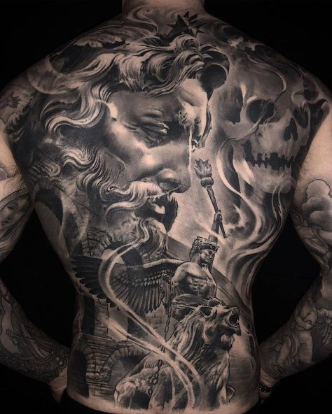 Tattoo artist Ezequiel Samuraii, authors black and grey portrait surrelistic horror tattoo realism | Barcelona, Spain Zeus Back Tattoo, Cool Back Tattoos, Poseidon Tattoo, Zeus Tattoo, Back Piece Tattoo, Greek Mythology Tattoos, Full Back Tattoos, Back Tattoos For Guys, Mythology Tattoos