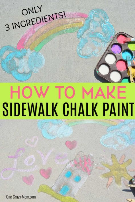 Make this fun and easy sidewalk chalk paint recipe 3 ingredients. The kids will love using sidewalk paint to create artwork. Once you learn how to make this DIY sidewalk chalk paint recipe, you won’t believe how easy it is to make this homemade recipe that is washable too! Learn how to make this paint today! #onecrazymom #sidewalkchalkpaint #DIYrecipes Homemade Sidewalk Chalk, Diy Sidewalk, Chalk Activities, Spray Chalk, Chalk Spray Paint, Sidewalk Chalk Paint, Sidewalk Paint, Chalk Paint Recipe, Homemade Chalk