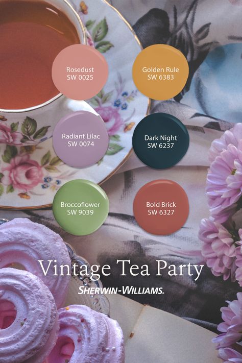 Bring the charm of a vintage tea party into the here-and-now with this curated paint palette from Sherwin-Williams. Tap this pin to order six FREE color chips. We've even pre-loaded your cart to make it a snap to get started. #sherwinwilliams #paint #painting #diy #teaparty #vintage #aesthetic #palette #design Whole House Paint Scheme Purple, Vintage Tea Party Color Palette, Prettiest Color Palette, Vintage Purple Color Palette, Pastel And Jewel Tone Color Palette, Tea Party Color Scheme, Whimsy Color Palette, Purple Paint Palette, Whimsical Color Palette Colour Schemes