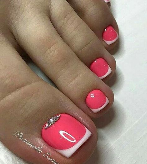 Dip Pedicure, Coral Pedicure Ideas, Hot Pink Toenails, Pink French Pedicure Toenails, Pink Toenail Designs, Pink French Tip Toe Nails, Pink French Tip Pedicure, Pink Pedicure Designs, Bright Pink Toe Nails