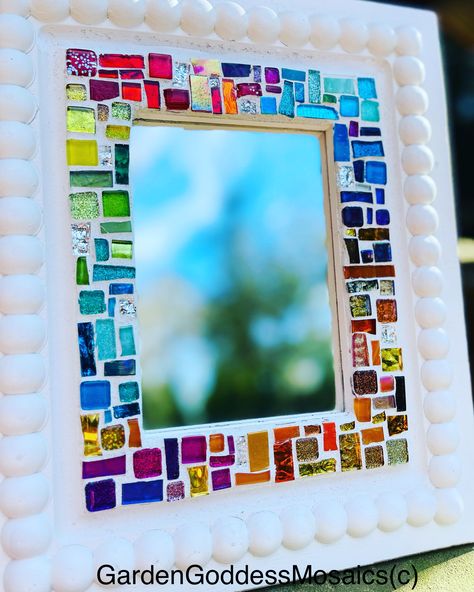 Mosaic Picture Frames, Mosiac Mirror, Wood Rainbow, Rainbow Tile, Mosaic Mirror Frame, Mosaic Tiles Crafts, Tile Stained, Rainbow Mosaic, Mirror For Wall