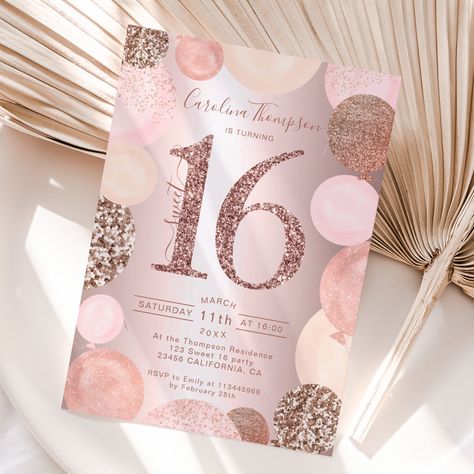 Sweet 16 Photo, Sweet 16 Party Invitations, Sweet 16 Photos, Rose Gold Invitations, 16th Birthday Invitations, Sweet Sixteen Invitations, Calligraphy Typography, Metallic Balloons, Sweet 16 Birthday Party