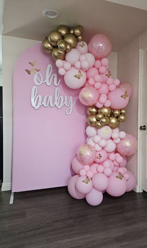 Butterfly Baby Shower Balloon Garland, Butterfly Cake Baby Shower Pink, Girl Baby Shower Ideas Butterflies, Baby Shower Ideas Butterfly Theme, Pink Butterfly Baby Shower Theme, Pink And White Baby Shower Ideas, Pink Butterfly Baby Shower Ideas, Butterfly Baby Shower Ideas Decoration, Butterfly Themed Baby Shower Ideas