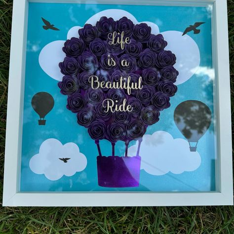 Handmade Hot Air Balloon Shadow Box 🎈 #hotairballoon #lifeiaabeautifulride #handmade #shadowbox #paperflowers #crafts #cricutmaker3 #cardstock #unique #lifetime Flowers Home Decor, Flower Shadow Box, Flowers Home, Picture Frame Display, Frame Display, Home Decor Pictures, Shadow Box Frames, Picture Display, Hot Air Balloon