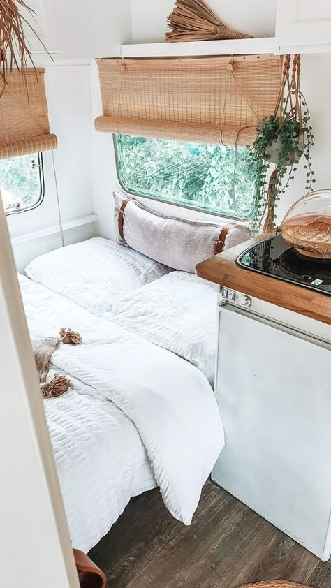 Mini Caravan Interior, Small Caravan Makeover, Small Caravan Renovation, Camper Blinds, Caravan Curtains, Caravan Interior Makeover, Indoor Bamboo, Caravan Living, Mini Caravan