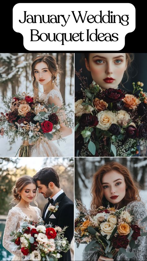 Elegant January wedding bouquet with winter flowers in classic and vibrant colors Small Wedding Bouquets Winter, Small Winter Wedding Bouquet, Winter Floral Bouquet, Winter Wedding Ideas January, Winter Bouquet Flowers, December Wedding Bouquets, Winter Bouquet Wedding, December Wedding Flowers, February Wedding Flowers