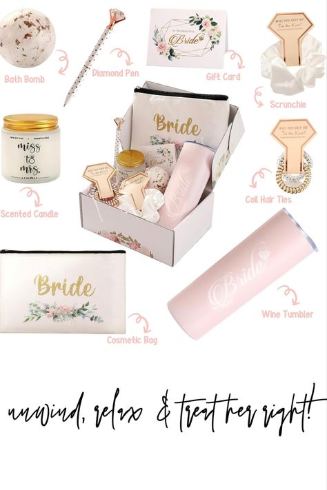 Bridal Shower Box Ideas, Bachelorette Gift Box Ideas, Gift Boxes Business Ideas, Bridal Gift Box Ideas, Bride Boxes Gift Ideas, Bride To Be Present Ideas, Bride Gift From Bridesmaid, Bride To Be Box Ideas, Bridal Gift Ideas For Bride