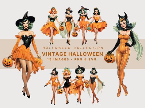 Retro Halloween Aesthetic, Designing Stickers, 1950s Halloween, Antique Halloween, Witch Png, Witch Clipart, 90s Halloween, Woman Costume, Vintage Halloween Costume