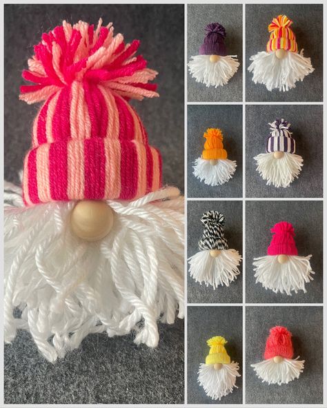 Handmade yarn gnomes. Super cute and festive:) Adorable to place or hang anywhere to add a little color, charm and a dash of good luck.🍀 Gnomes Made With Yarn, Christmas Yarn Gnomes, Pom Pom Gnomes, Clothes Pin Christmas Crafts, Yarn Gnomes, Handmade Gnomes, Gnome Christmas Ornaments, Pompom Crafts, Diy Yarn Gnomes Ornaments