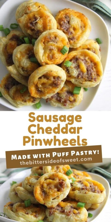 Puff Pastry Sausage Cheddar Pinwheels make a great game day snack. Filled with sausage and cheese they're great for dipping and so easy to make! | The Bitter Side of Sweet