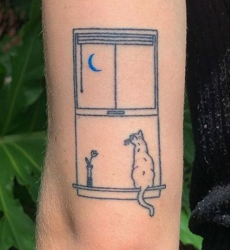 Dog Looking Out Window Tattoo, Fine Line Window Tattoo, Cat Looking Out Window Tattoo, Dog In Window Tattoo, Waving Cat Tattoo, Windowsill Tattoo, Cat Window Tattoo, Striped Cat Tattoo, Cat In Window Tattoo