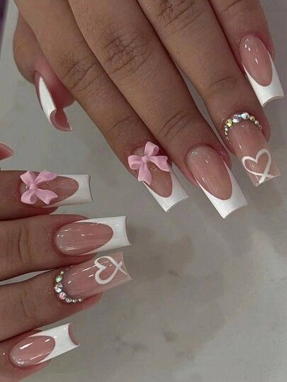 24pcs Medium-Sized Square Shape Press On Nail Pink Bowknot Heart Rhinestone Decorate Fake Nail Romantic Valentine's Day Style False Nails For Women And Grils | SHEIN USA Bow Nail Designs, White French Nails, Cute Simple Nails, Smink Inspiration, Girly Acrylic Nails, French Acrylic Nails, Nagel Inspo, Short Acrylic Nails Designs, Cat Kuku