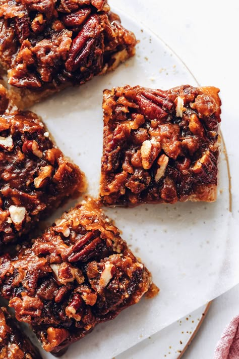 Pecan Pie Bars (Vegan + GF) Vegan Pecan Pie Bars, Vegan Pecan Pie, Vegan Pecan, Pecan Bars, Minimalist Baker, Pecan Pie Bars, Easy Holiday Recipes, Thanksgiving Food Desserts, Pecan Pie Recipe