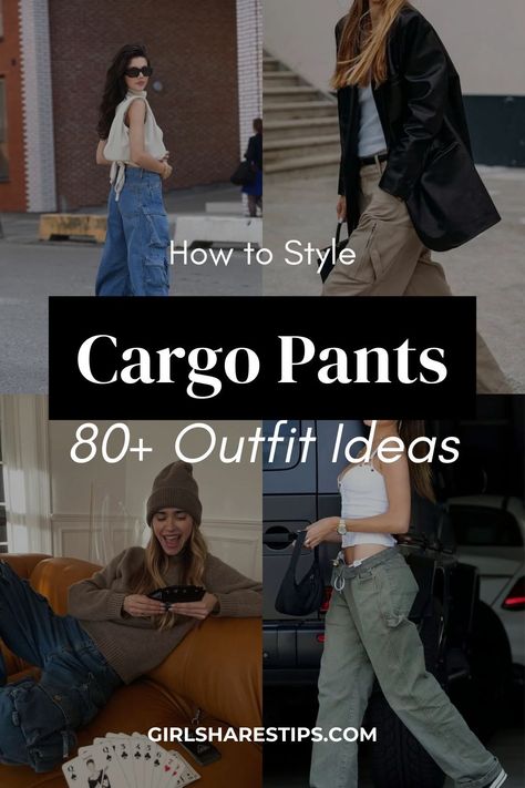 Camo Cargo Pants Outfit Fall, Baggy Jeans With Belt Outfit, Black Cargo Pants Outfit Women Work, How To Style Baggy Cargo Pants, Baggie Cargo Pants Outfit, How To Wear Cargo Jeans, Blue Cargo Pants Outfit Woman, Cargo Pants Baggy Outfit, Dress Up Cargo Pants Outfit