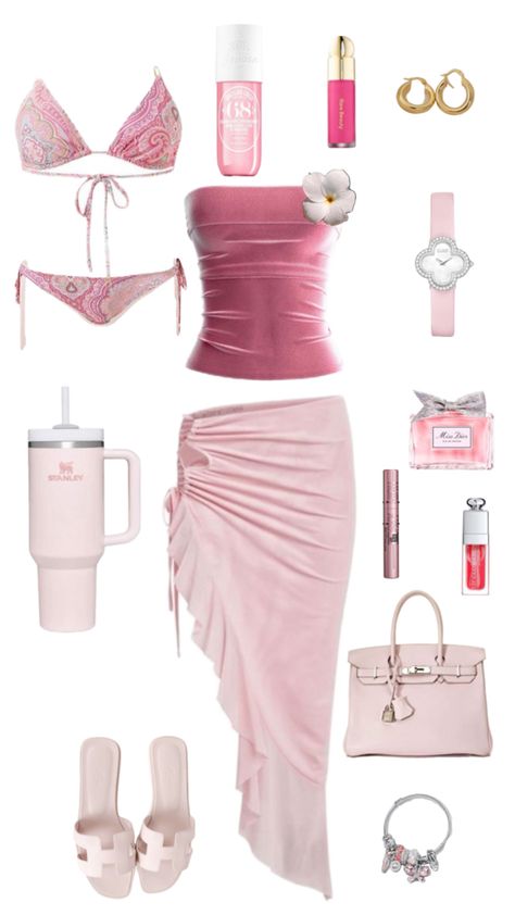 Lovergirl Aesthetic Outfits, Coquette Beach Outfit, Beach Vacation Outfits Aesthetic, Dream Clothes Summer, Cute Cruise Outfits, Pink Beach Outfit, Barbie Coquette, Aesthetic Ootd, Mode Zara