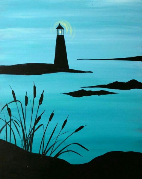 Wine And Canvas, Acrylic Markers, Lighthouse Painting, Silhouette Painting, Night Painting, Painting Class, Painting Art Projects, Diy Art Painting, Diy Canvas Art