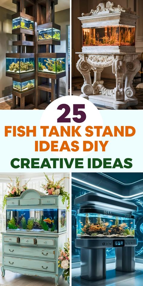 Discover creative ways to elevate your aquarium with these DIY fish tank stand ideas. Reinvent an old dresser or sideboard by reinforcing its structure and bolstering support for your tank's weight. Alternatively, craft a custom stand from robust wooden boards and brackets, incorporating storage shelves or cabinets for a neat fish supply setup. Opt for a rustic vibe by upcycling sanded and stained wooden pallets into a durable base. Feeling bold? Entryway Fish Tank Ideas, Corner Fish Tank Ideas, Fish Tank Stand Ideas Diy, Tank Stand Ideas, Fish Tank Stand Ideas, Diy Fish Tank Stand, Aquarium Stand Ideas, Fish Tower, Fish Tank Cabinets