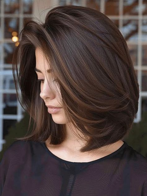 37 Chocolate Brown Hair Color Ideas Balayage, Cool Dark Hair Color Ideas, Brown Hair Color Asian, Dimensional Brunette Straight Hair, Short Hair Chocolate Brown, Chocolate Brown Hair Bob, Brown Hair Color Inspiration, Short Hair Long Layers, Short Haircut Color